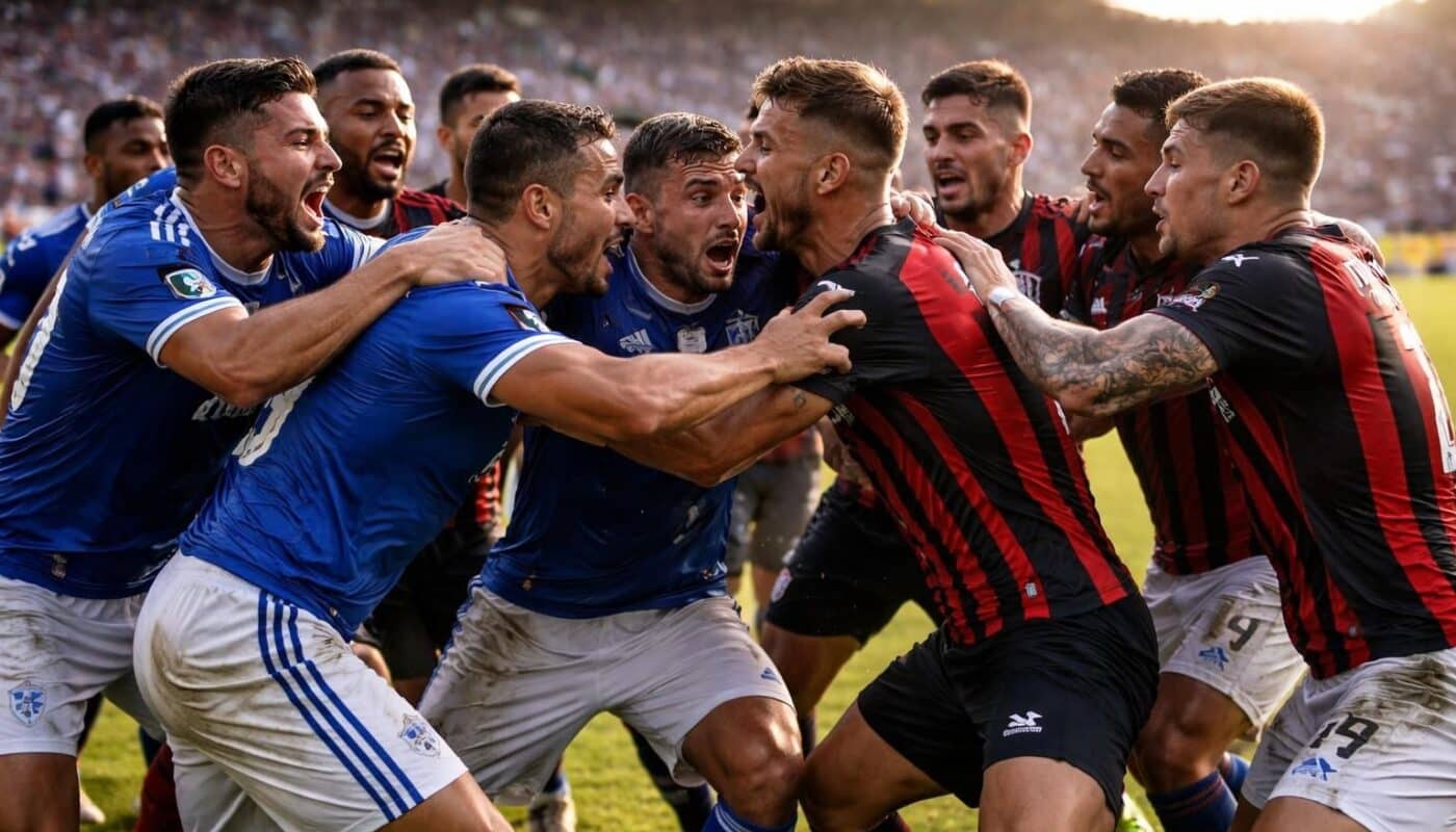 découvrez la mêlée spectaculaire qui a éclaté entre les joueurs de cruzeiro et de l’atlético lors d’un match intense au brésil, révélant des tensions fortes sur le terrain.