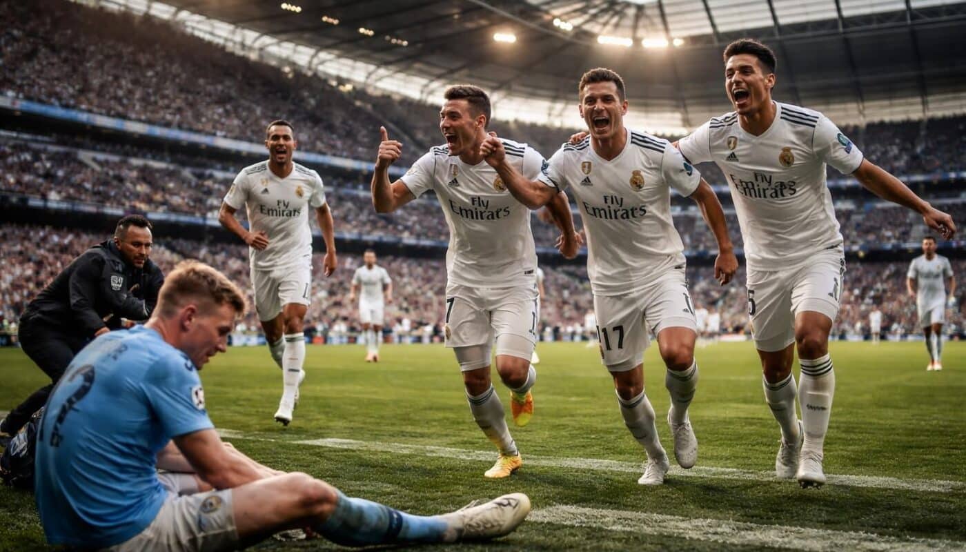 suivez en direct le match haletant entre manchester city, réduit à dix, et le real madrid qui prend un net avantage dans cette confrontation intense.