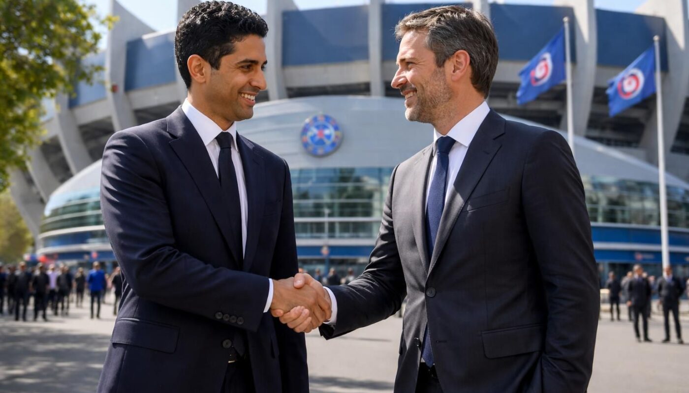 nasser al-khelaïfi, président du psg, félicite emmanuel grégoire, nouveau maire de paris, et l'invite à découvrir le parc des princes dans un esprit de collaboration et de convivialité.