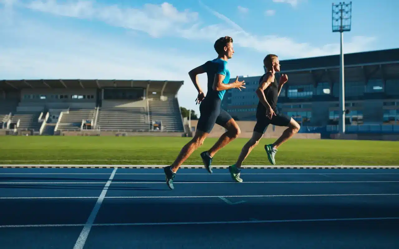 Deux coureurs s'entraînant dans un stade