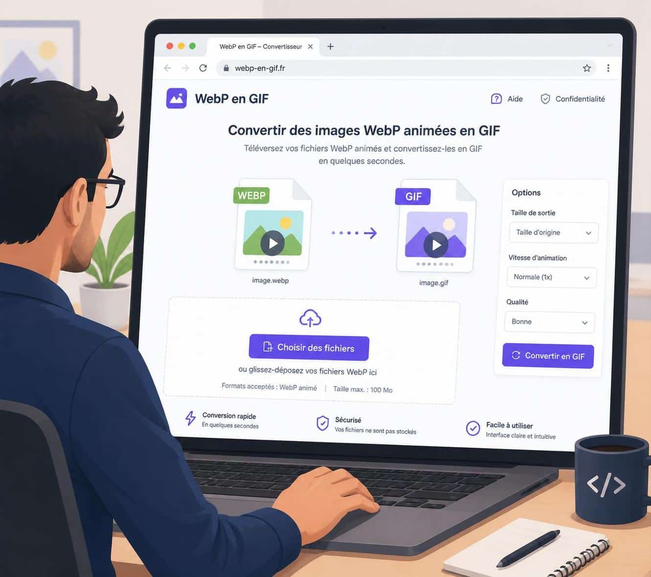 convertissez facilement vos fichiers webp en gif gratuitement grâce à notre outil en ligne rapide et simple d'utilisation.