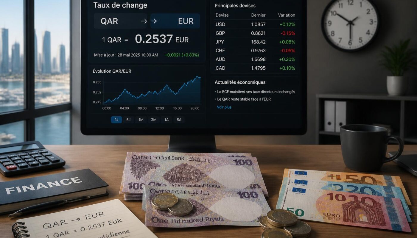 convertissez facilement vos rials qatariens en euros grâce à notre taux de change mis à jour quotidiennement. suivez les variations en temps réel pour optimiser vos transactions.