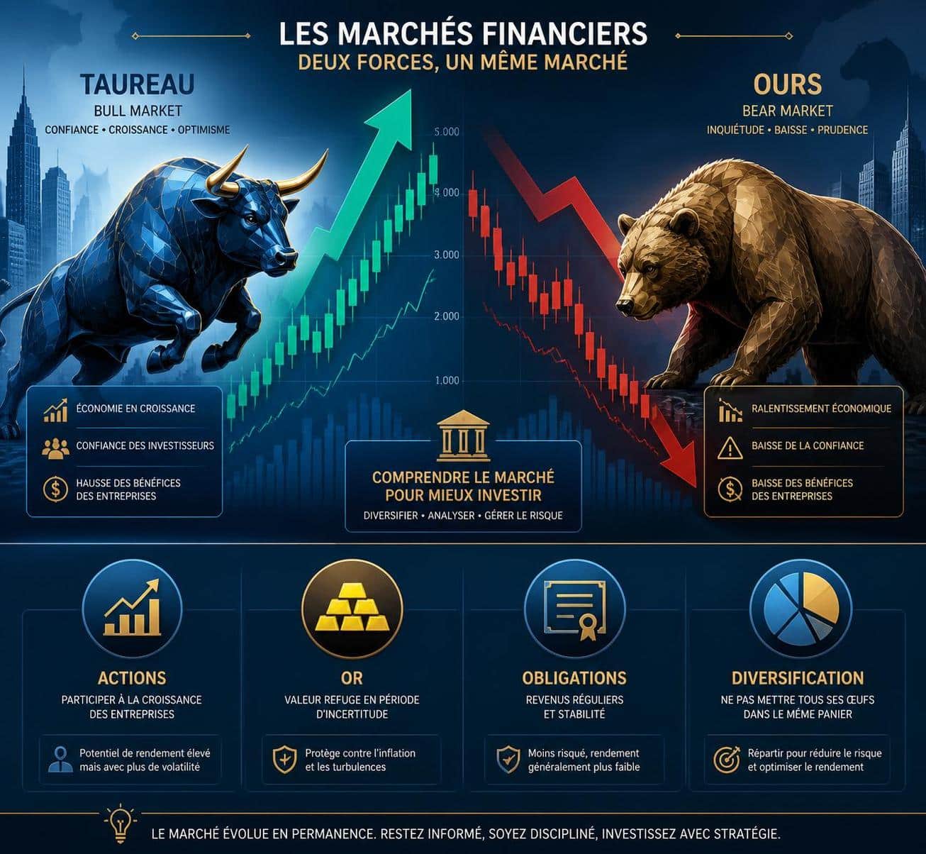 d&eacute;couvrez les diff&eacute;rences cl&eacute;s entre le march&eacute; haussier (bull market) et le march&eacute; baissier (bear market) pour mieux comprendre les tendances financi&egrave;res.